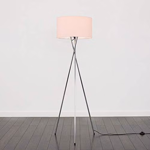 ValueLights Camden Modern Polished Chrome Metal Tripod Floor Lamp with Pink Fabric Cylinder Shade, H 154 x W 57 x D 57 cm – 3