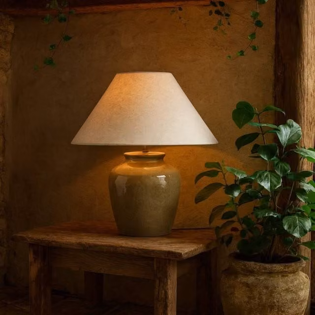Wyld Haus Rocamadour Ceramic Table Lamp with Fabric Shade in Green – 1