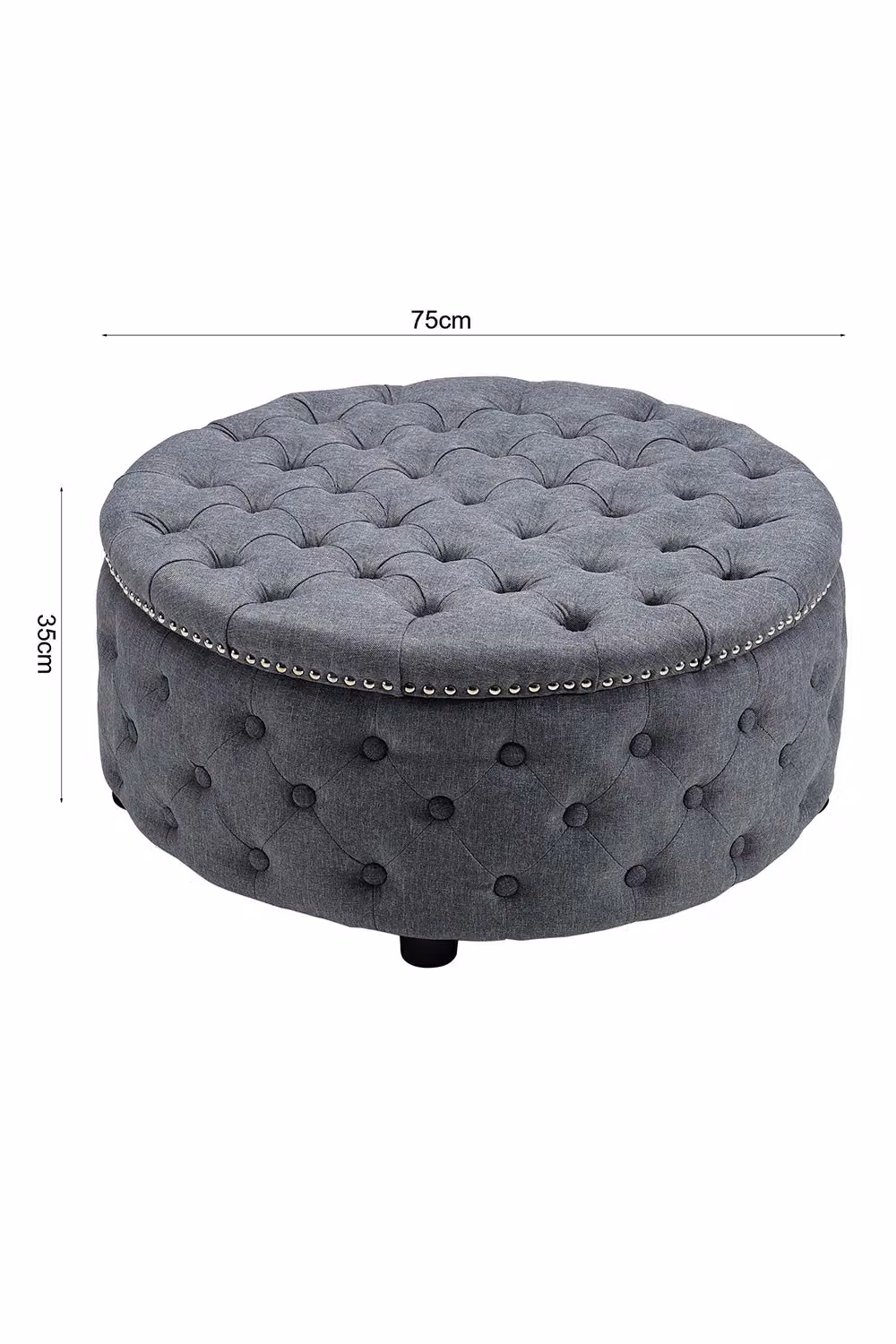 Living and Home Round Linen Deep Buttoned Footstool with Studded Edge in Dark Grey – 3