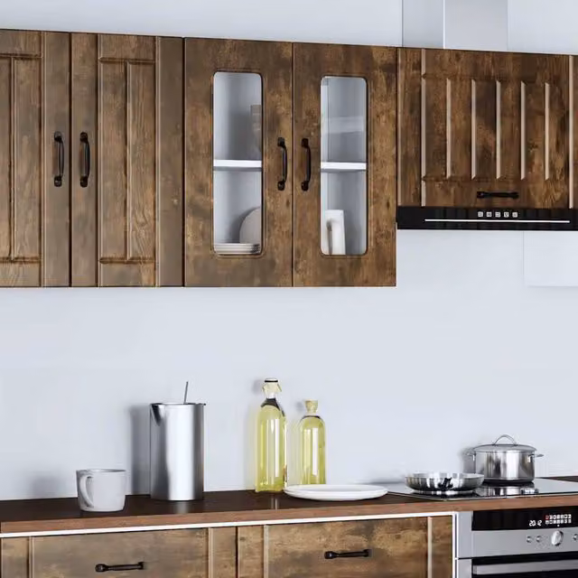 Berkfield Home Kalmar Kitchen Wall Cabinet with Glass Doors in Smoked Oak Brown, W/D/H: 60 x 31 x 60 cm