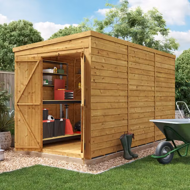 BillyOh Switch Overlap Pent Wooden Shed in Brown with Double Doors and Floor