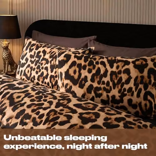 OHS Leopard Print Microfibre Bedding Set in Natural, King Size: 180 x 200 cm Duvet Cover and 2 x 50 x 75 cm Pillowcases – 7
