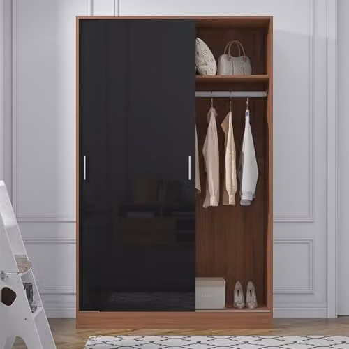 Reflect 2 Door Sliding Wardrobe in Black Gloss and Walnut Matt Finish, H 180 x W 120 x D 58 cm – 2