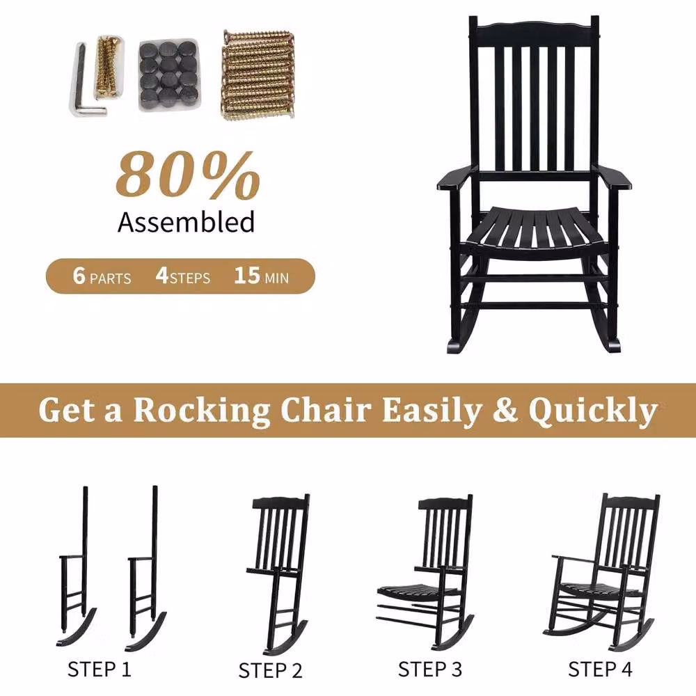 NESTLUNE Black Wood Outdoor Rocking Chair with Backrest for Garden, Balcony or Terrace, H 100 cm x W 15 cm x D 15 cm – 4