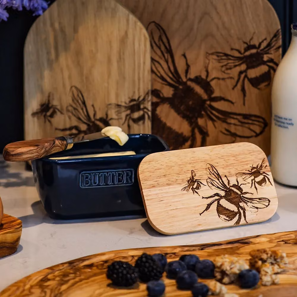 Selbrae House Blue Ceramic and Wood Butter Dish – 2