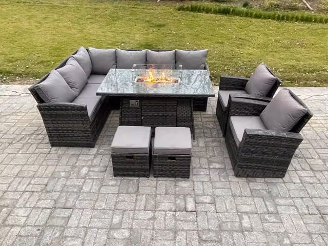 Fimous 10 Seater Rattan Garden Furniture Set with High Back Corner Sofa, Gas Fire Pit Dining Table, Armchair and 2 Footstools in Dark Grey