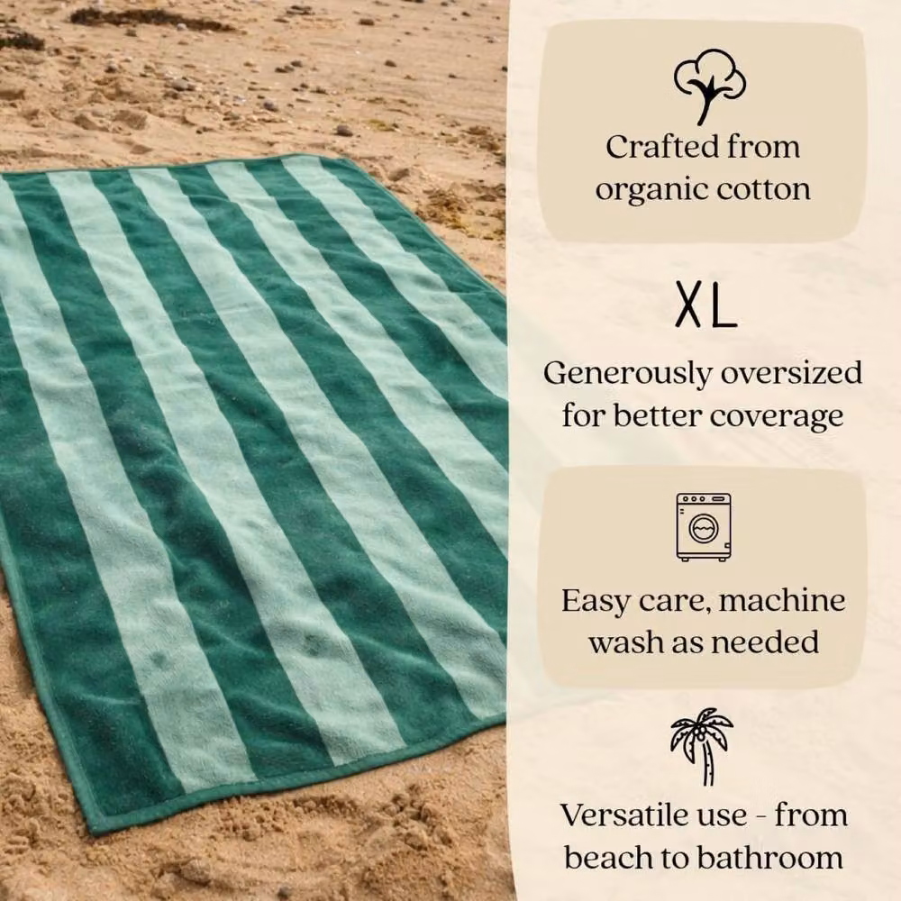 Misona Large Organic Cotton Striped Beach Towel in Green, W/D/H: 90 x 180 cm – 3