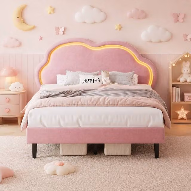 Merax Double Upholstered Velvet Bed with LED Adjustable Cloud Headboard in Pink, W/D/H: 140 x 200 cm – 1