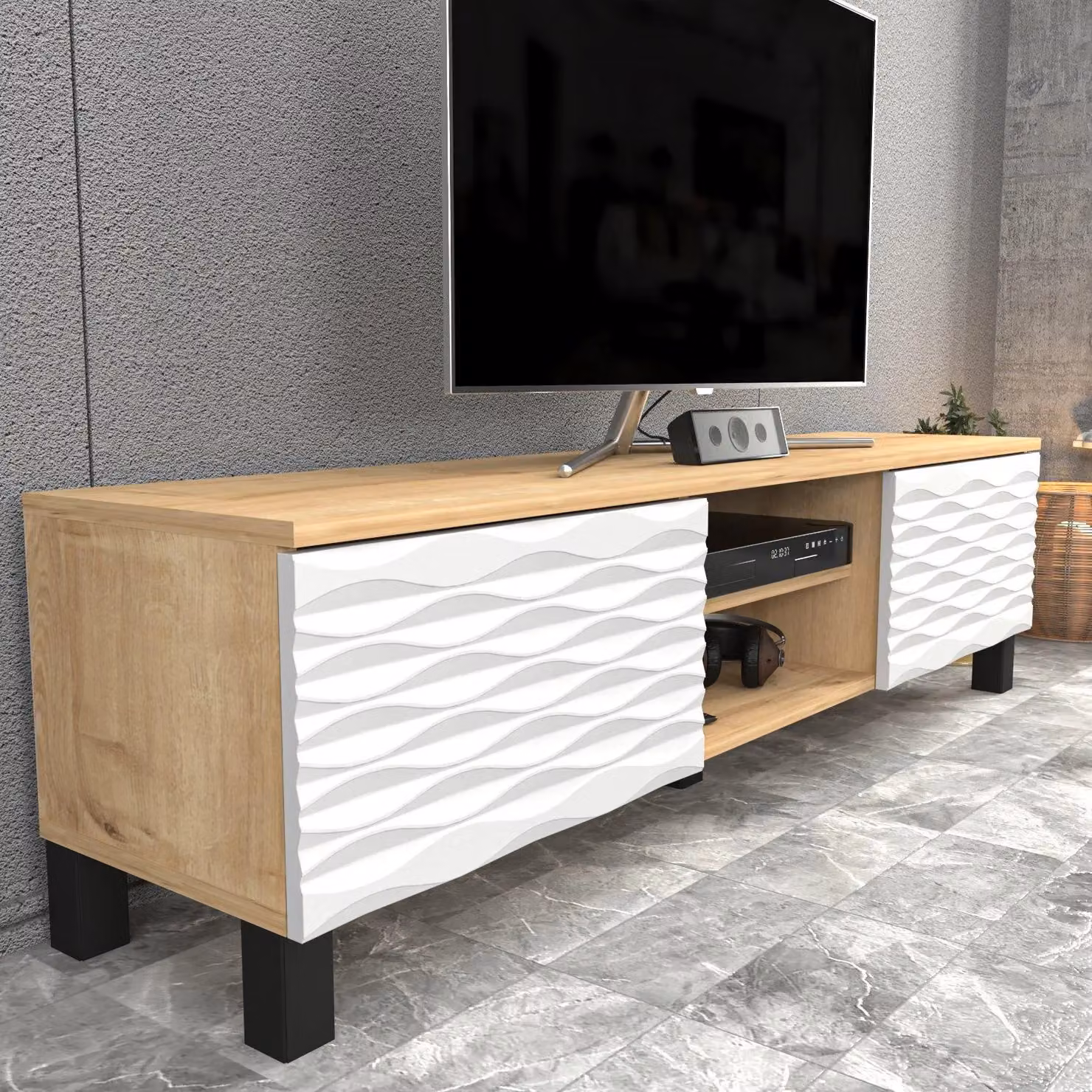 Decorotika Lukas TV Stand for TVs up to 64 inch in Light Oak and White – 2