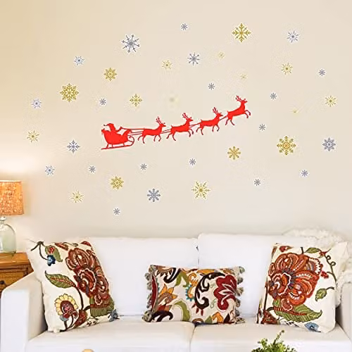 Wallflexi Santa's Sleigh Christmas Wall Stickers, Multicolour Adhesive Decals for Home and Nursery Decor