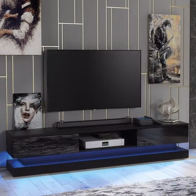 Mex Furniture LTD Bloom TV Unit in Black with Glossy Doors and LED Lights, W: 180 cm, H: 36 cm, D: 35 cm