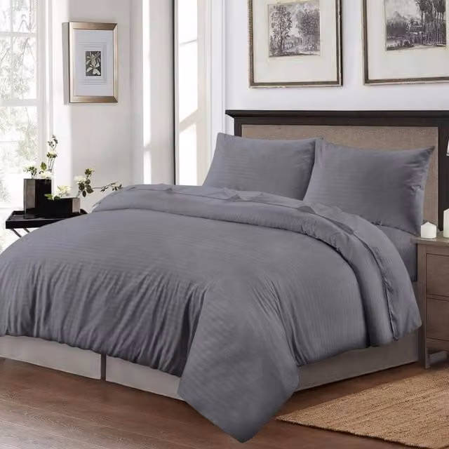 Homes-Linen Luxury Brushed Microfibre Striped Duvet Cover and Pillowcase Set in Grey, W: 140 cm, H: 200 cm