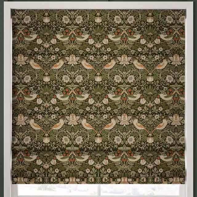 William Morris Strawberry Thief Made to Measure Roman Blind in Nettle Green Floral Blackout Textile