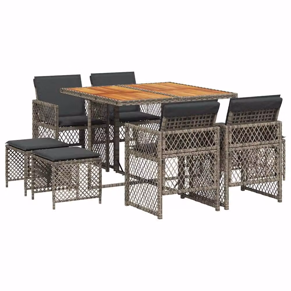 Berkfield Home 9 Piece Grey Poly Rattan Garden Dining Set with Acacia Wood Table and Cushions – 2
