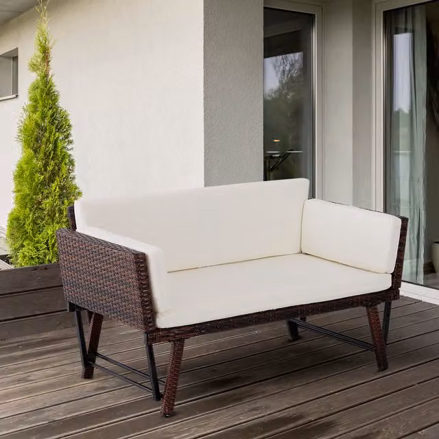 Outsunny Brown Wicker Convertible Sofa Bed with Rattan Chaise