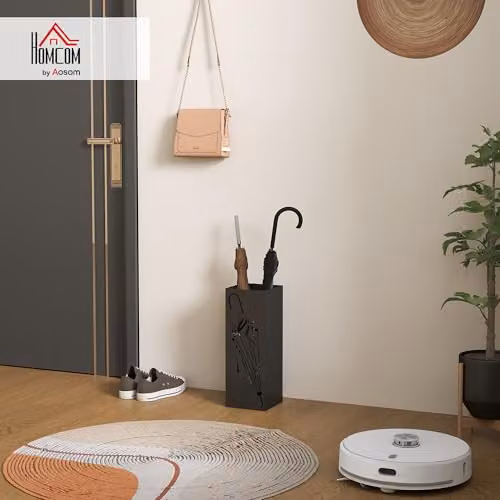 HOMCOM Metal Square Umbrella Stand with 4 Hooks and Removable Tray, Black, W/D/H: 15.5 x 15.5 x 41 cm – 2
