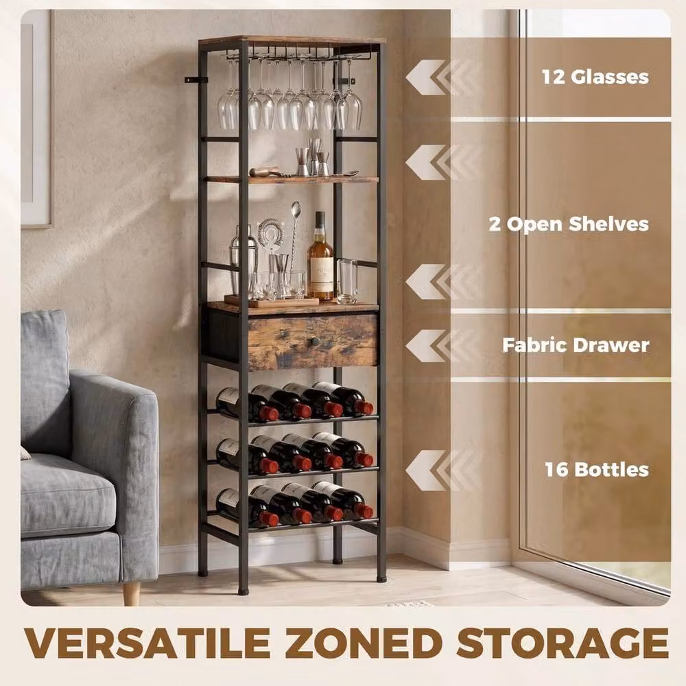 EONLION Brown Industrial Wine Bar Cabinet with Glass Doors, Bottle Rack and Internal Drawers, W/D/H: 100 x 29 x 148.5 cm – 4