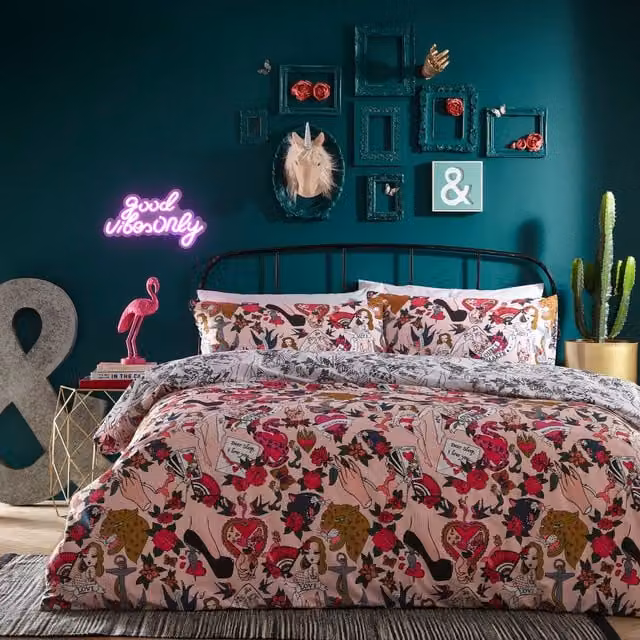 Furn Inked Tattoo Inspired Reversible Polycotton Duvet Cover Set, Pink, 200 x 200 cm