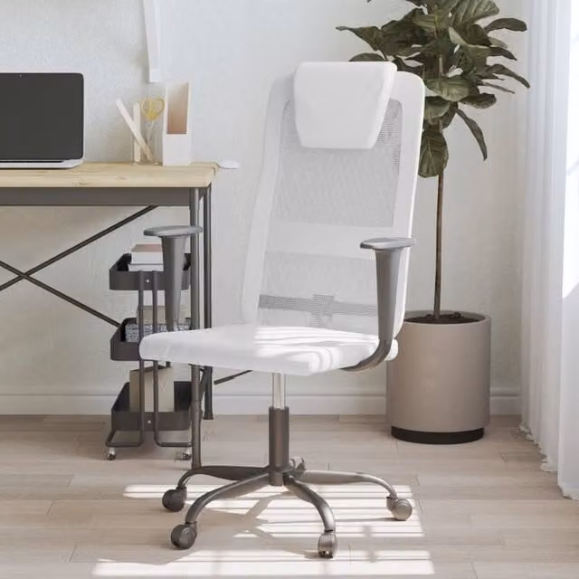 Berkfield Modern White Mesh Fabric and Faux Leather Height Adjustable Home Office Task Chair with Headrest and Armrests