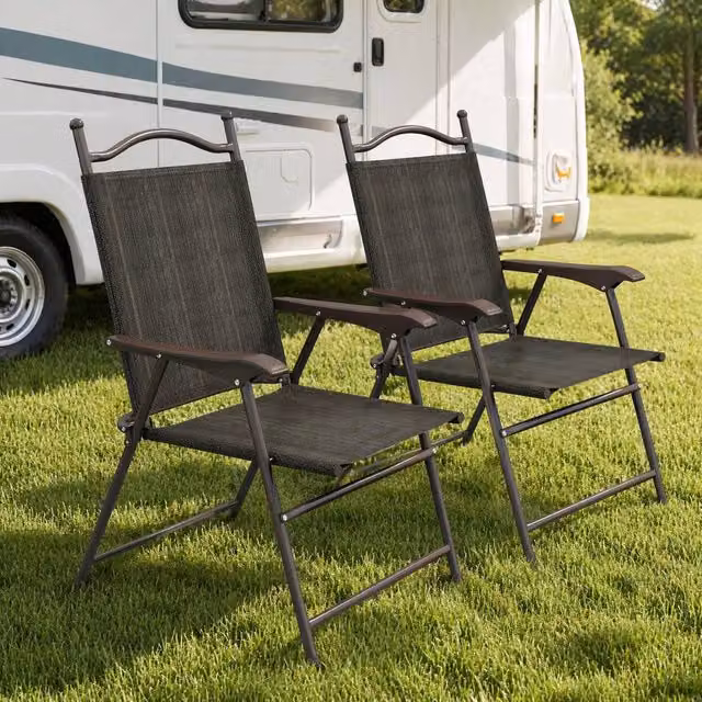 STILVORA Set of 2 Folding Metal Garden Chairs in Brown – 1