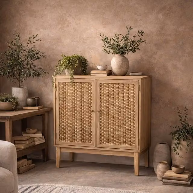 Wyld Haus Waterford Oak and Woven Rattan Small 2-Door Sideboard in Natural – 1