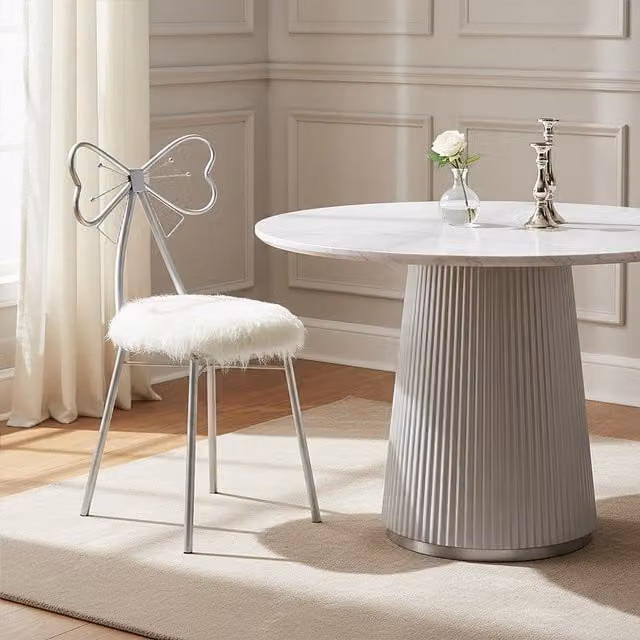 Orsina Silver and White Faux Fur Bow Back Dining Chair with Metal Legs