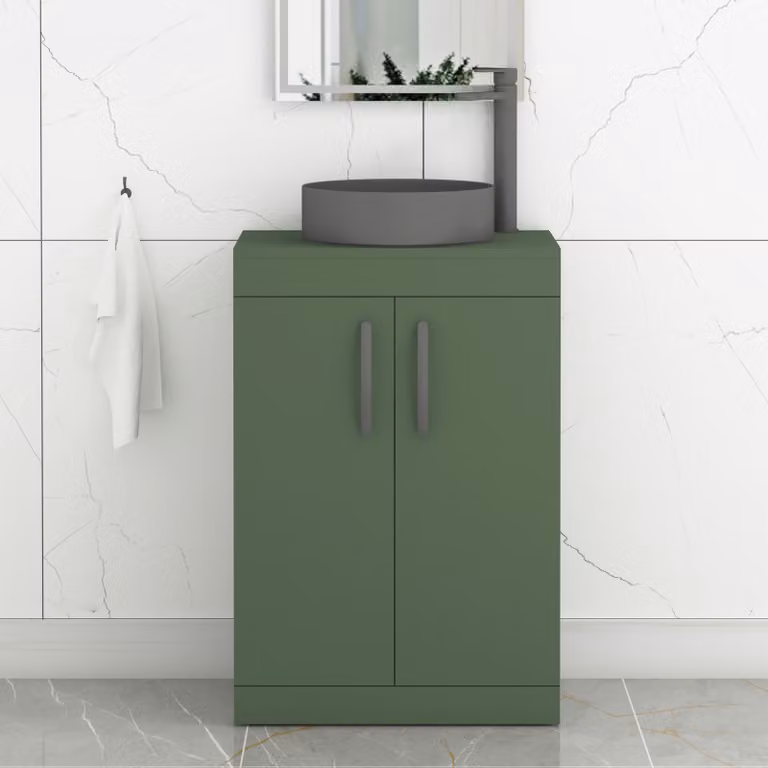 Royal Bathrooms Turin 500mm Floor Standing 2 Door Vanity Unit in Matt Green with Art Round Countertop Basin and Matt Black Handles