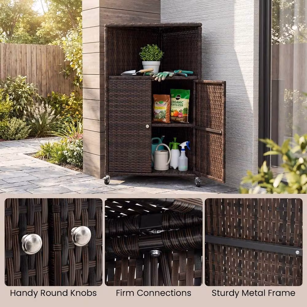 VOGREX Brown Rolling Wicker Rattan Outdoor Patio Storage Sideboard Cabinet – 5