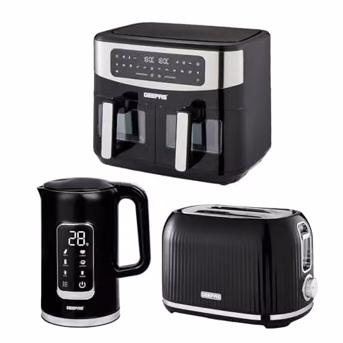 Geepas Kitchen Combo Set in Black featuring 1.7L Digital Electric Kettle, 2 Slice Bread Toaster and 9L Dual Zone Air Fryer – 3