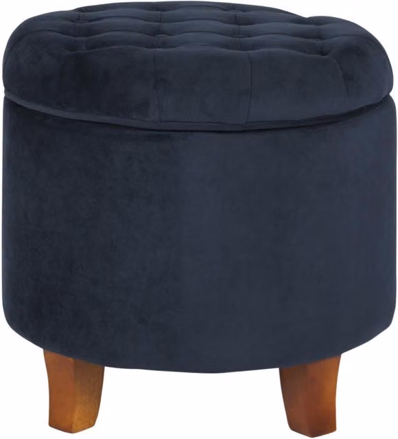 Livinluxury Chesterfield Velvet Round Storage Ottoman in Blue, W/D/H: 48.3 x 48.3 x 45.7 cm