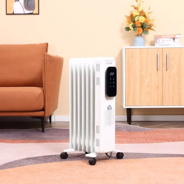 HOMCOM 1500W Digital Oil Filled Radiator 7 Fin Portable Freestanding Electric Heater with Thermostat and Timer, White