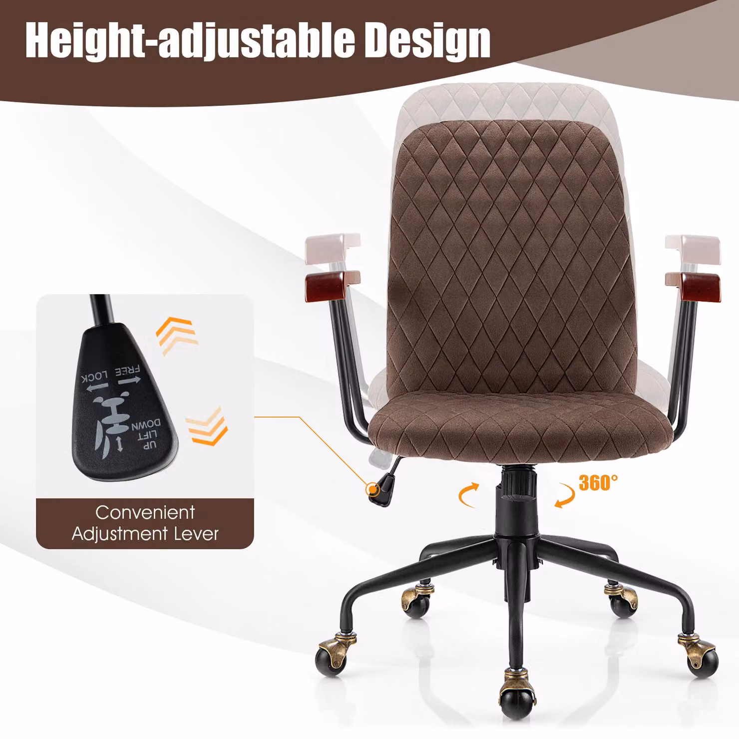 Costway Brown Velvet Swivel Rocking Leisure Chair with Adjustable Weight and Armrests for Home Office – 5