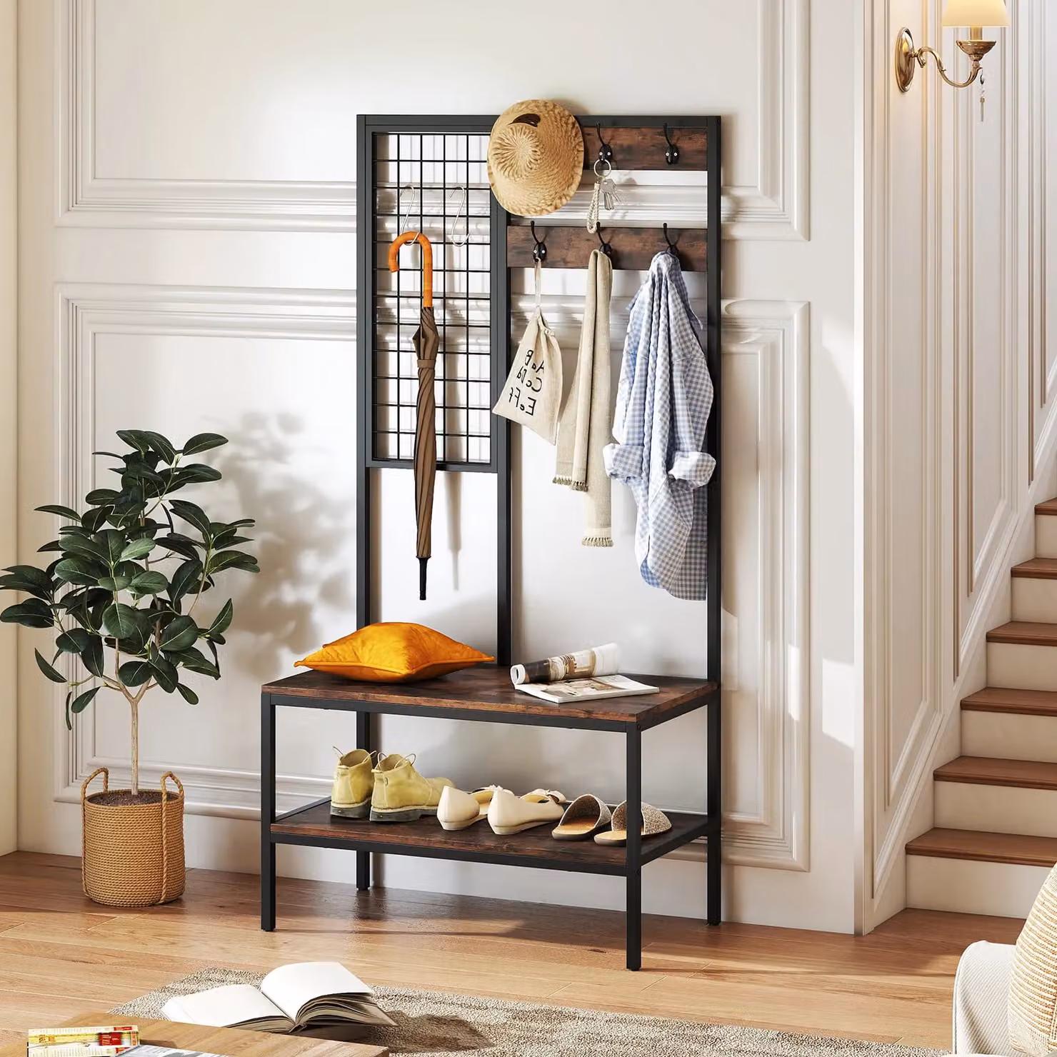 Gymax Industrial Hall Tree with Shoe Bench and Wall Grid Panel in Brown – 4