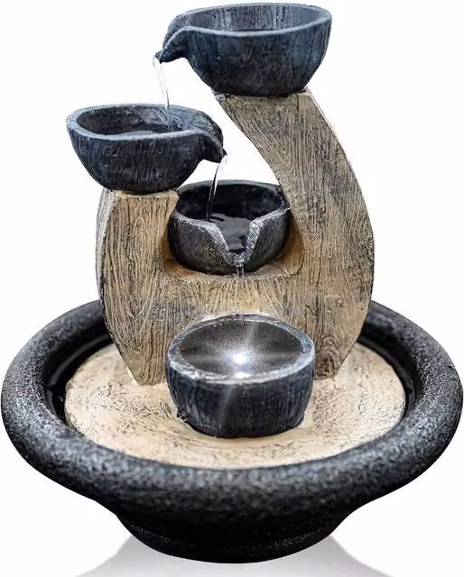 GEEZY Tabletop Indoor Water Fountain with 4 Bowls and LED Lights in Brown and Grey