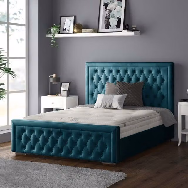 IH Design Chesterfield Upholstered Plush Velvet Bed Frame in Petrol Blue, W/D/H: 180 x 200 cm