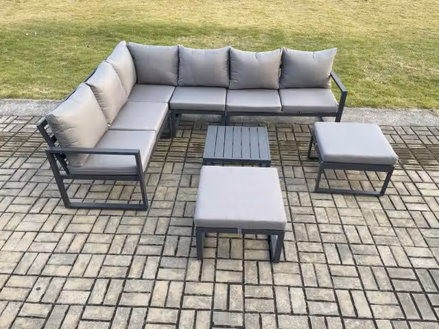 Fimous 8 Seater Outdoor Lounge Corner Sofa Set in Dark Grey with Square Coffee Table and 2 Ottomans