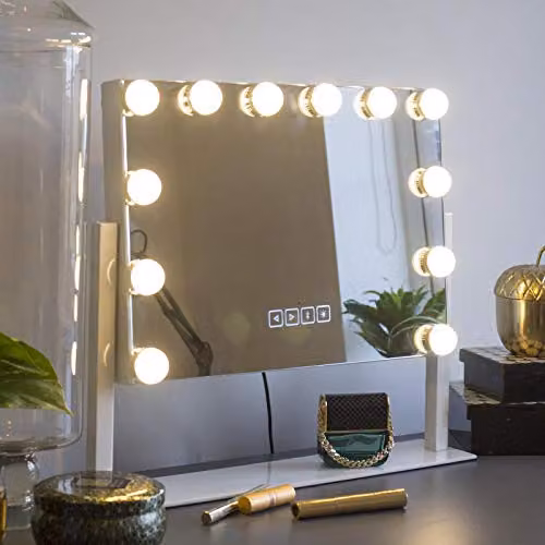 At Home Comforts Hollywood Wall Mount Makeup Mirror in White with 12 LED Bulbs, 3 Lighting Modes and Bluetooth Connectivity – 4