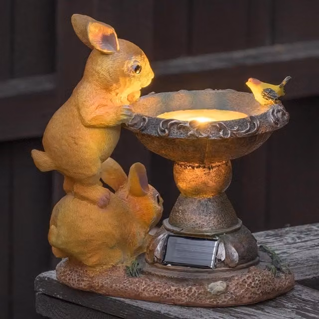 GloBrite Solar Rabbit Bird Bath Garden Ornament in Yellow and Brown
