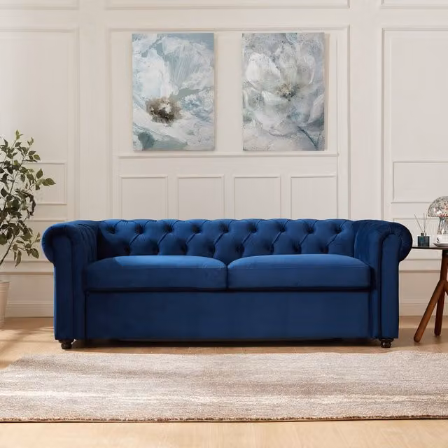 Jackton 2 Seater Blue Velvet Chesterfield Pull Out Sofa Bed with Mattress W/D/H: 208 x 140 x 72 cm