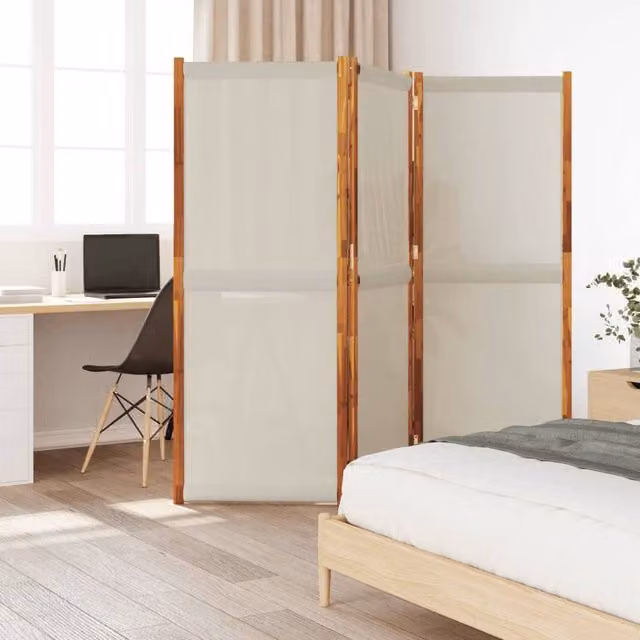 Berkfield Home 3-Panel Acacia Wood and Textile Room Divider, Grey, H 210 cm x W 180 cm