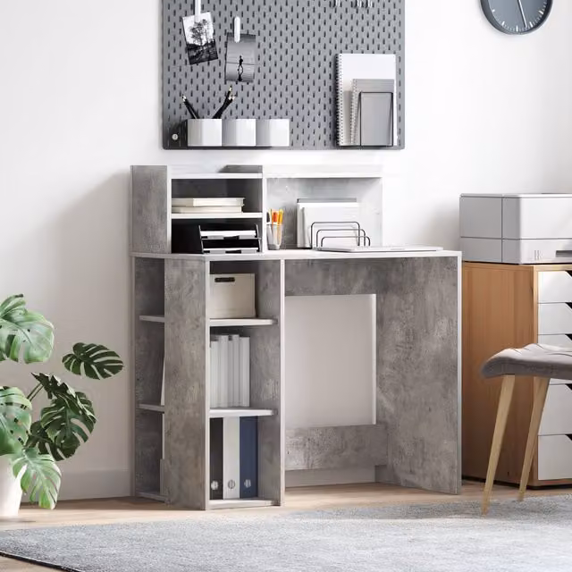 Berkfield Modern Writing Desk with Storage in Concrete Grey, W/D/H: 90 x 48 x 101.5 cm – 1