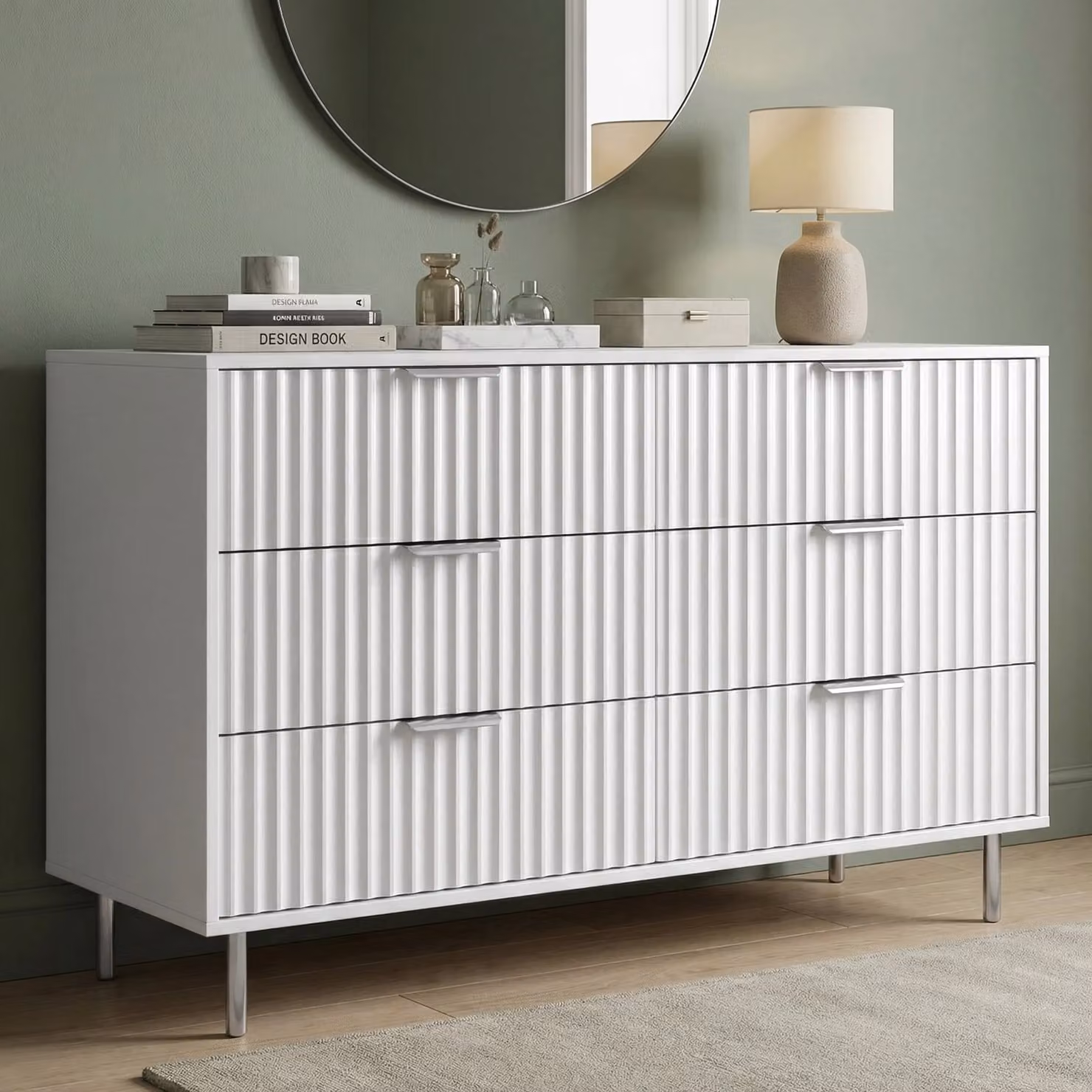 DHS Flutrina 6 Drawer Wide Chest of Drawers Bedroom Dresser in White