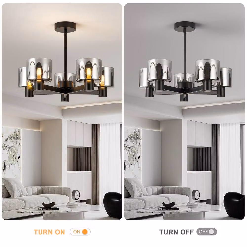Harper Living 5 Light Semi Flush Ceiling Lamp in Matt Black with Grey Smoked Glass Shades – 3