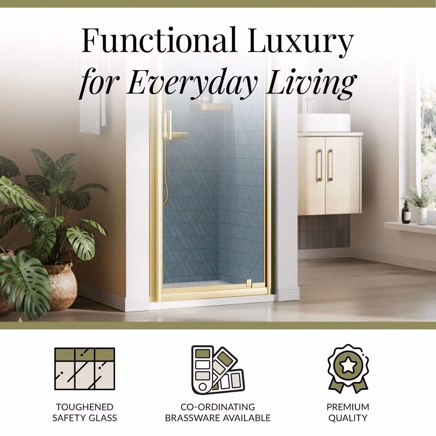 Balterley 6mm Glass Reversible Pivot Shower Door, Brushed Brass, W: 760 mm, H: 1900 mm – 3
