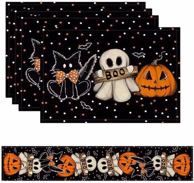 Black Halloween Printed Water Repellent Tablecloth Set for Parties