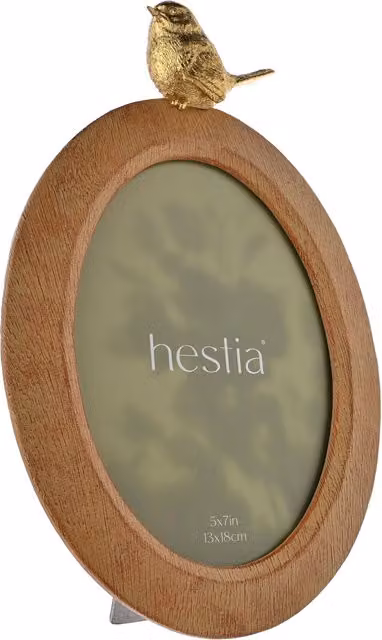 Hestia Brown Wood Effect Oval Single Tabletop Photo Frame with Gold Bird 13 x 18 cm