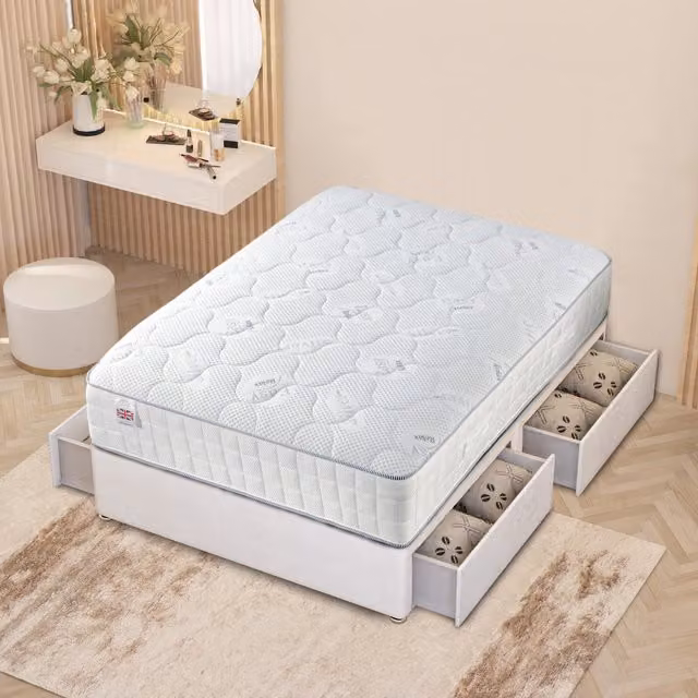 Horizona White Upholstered Velvet Hybrid Bed with Drawers W/D/H: 140 x 200 cm