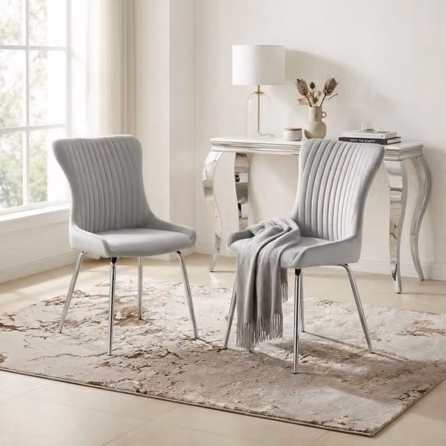 FurnitureboxUK Set of 2 Nora Deep Padded Luxurious Dining Chairs Upholstered in Soft Grey Velvet with Chrome Legs