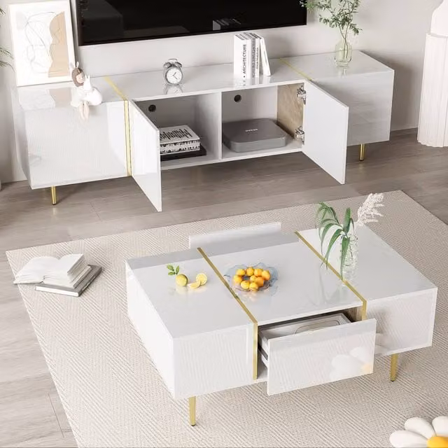 BTM Modern High-Gloss White TV Cabinet and Coffee Table Set