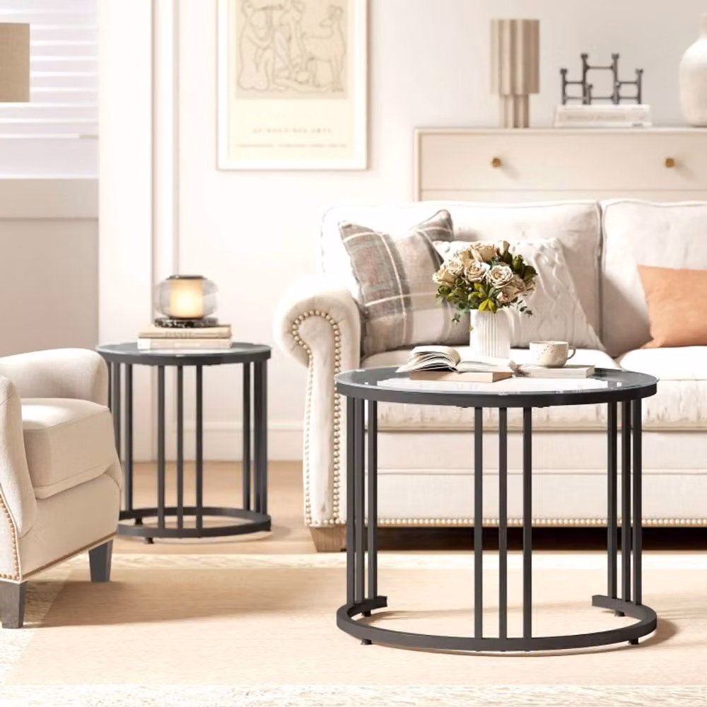 STILVORA Set of 2 Round Nesting Coffee Tables with Black Glass Tops – 7